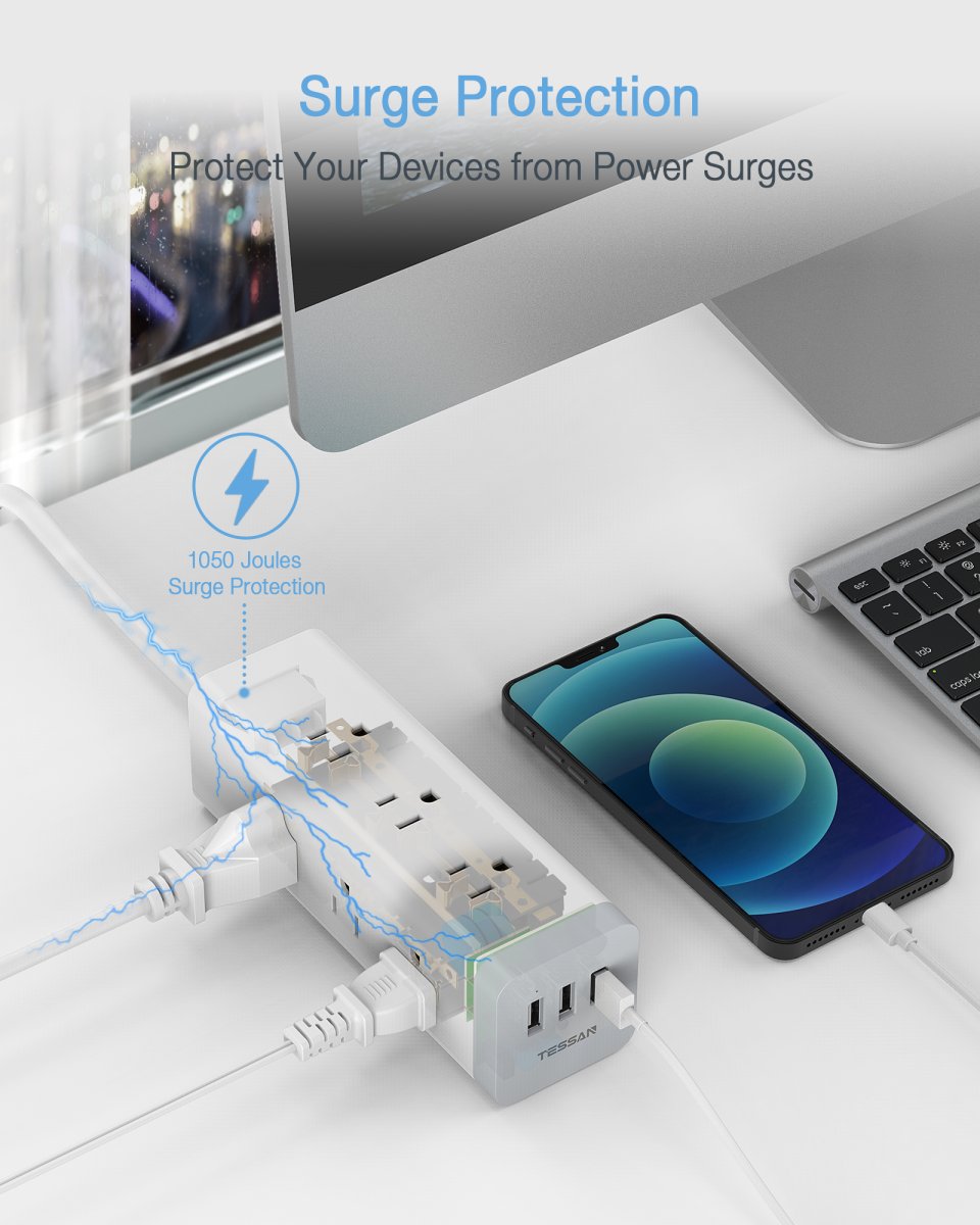 Tessan US/ Canada/ Mexico Power Strip with USB 6 FT Extension Cord 1050J Surge Protector Charging Station