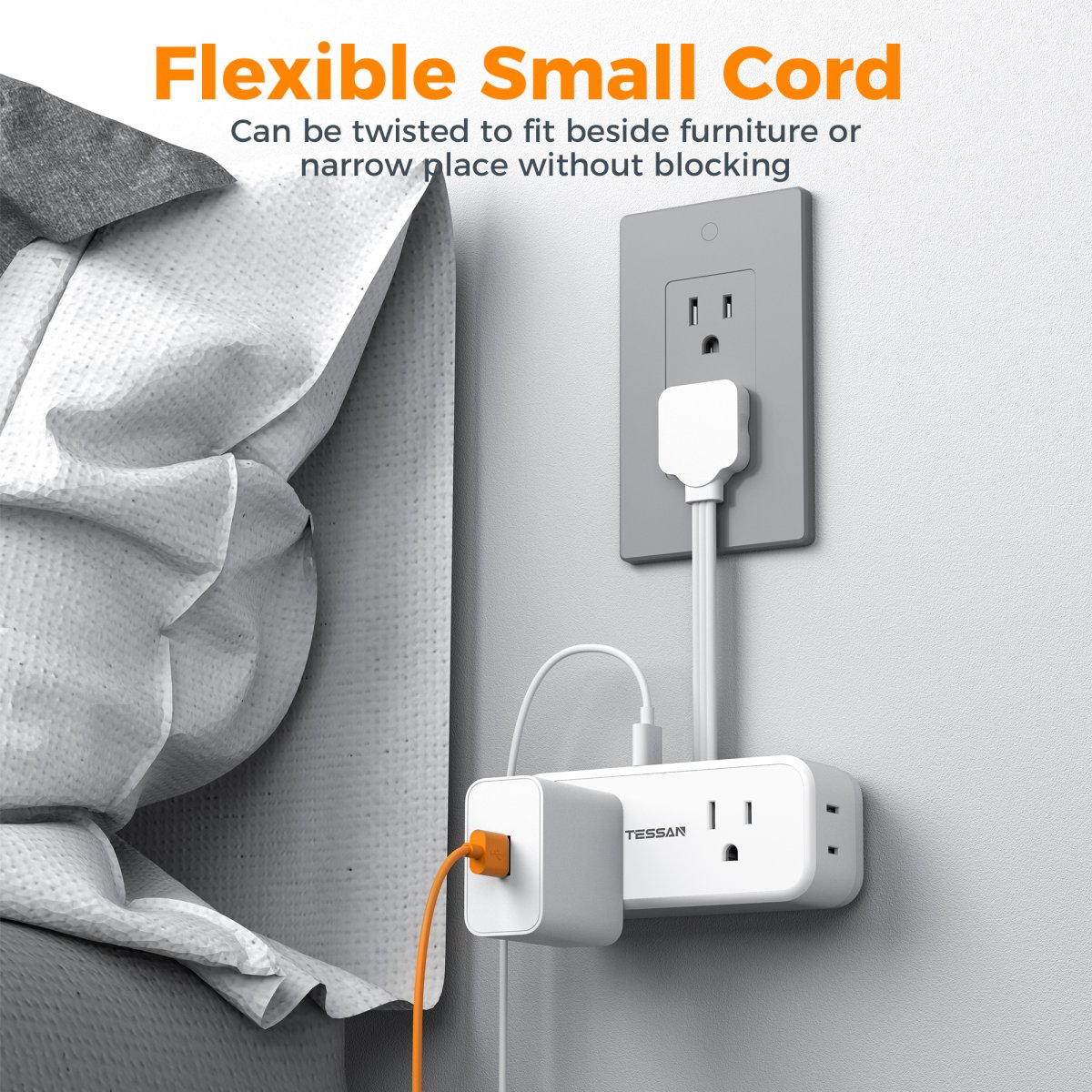 Tessan US/ Canada/ Mexico Slim Flat Thin Plug Power Strip with 4 AC Outlets 3 USB (1 USB-C)