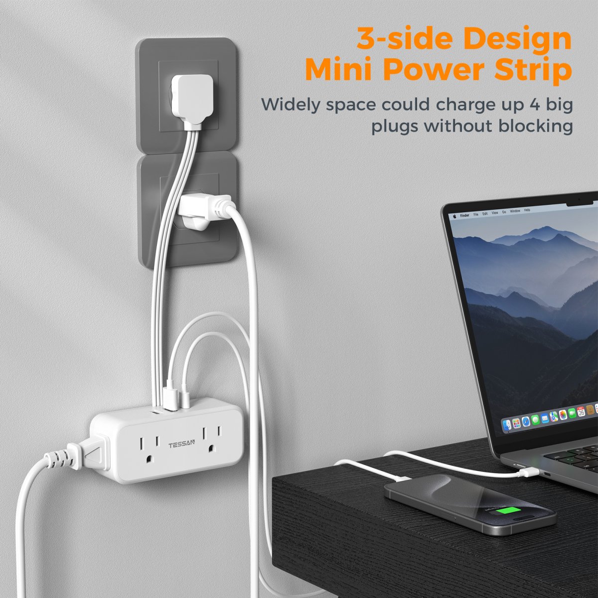 Tessan US/ Canada/ Mexico Slim Flat Thin Plug Power Strip with 4 AC Outlets 3 USB (1 USB-C)