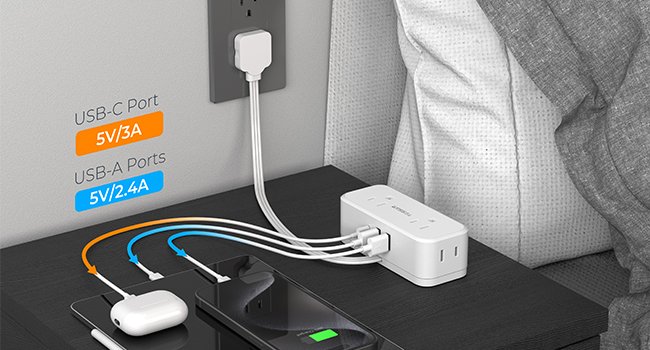 Tessan US/ Canada/ Mexico Slim Flat Thin Plug Power Strip with 4 AC Outlets 3 USB (1 USB-C)