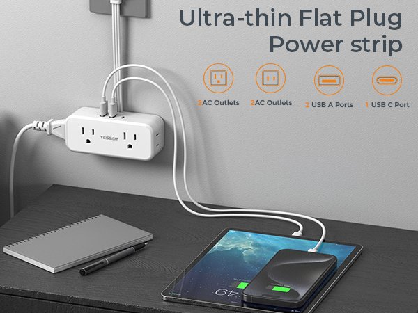 Tessan US/ Canada/ Mexico Slim Flat Thin Plug Power Strip with 4 AC Outlets 3 USB (1 USB-C)