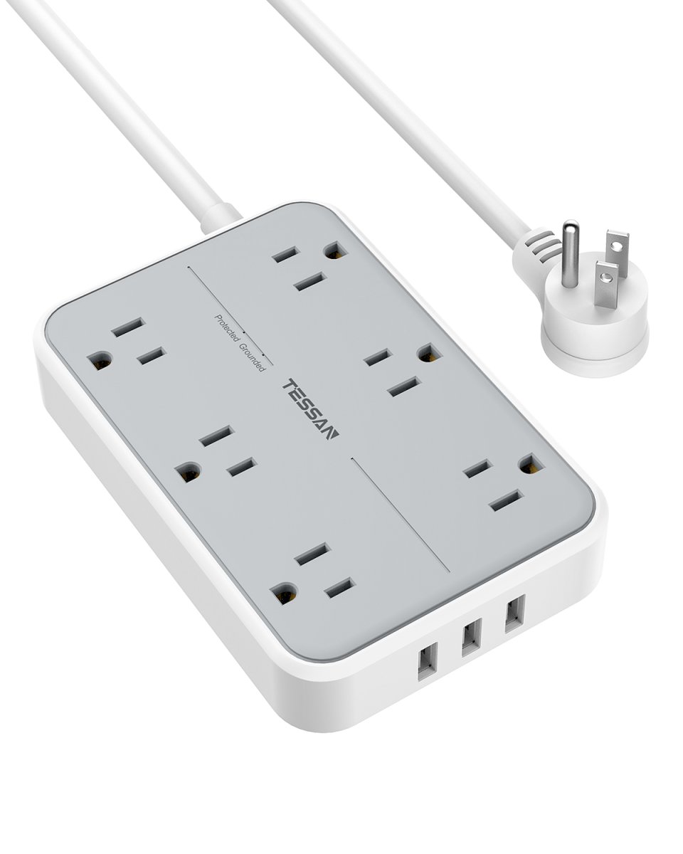 Tessan US/ Canada/ Mexico Small Extension Cord with 6 AC Outlet 1 USB C and 2 USB A, 1080J Surge Protector Power Strip