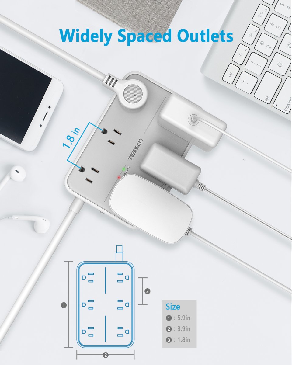 Tessan US/ Canada/ Mexico Small Extension Cord with 6 AC Outlet 1 USB C and 2 USB A, 1080J Surge Protector Power Strip