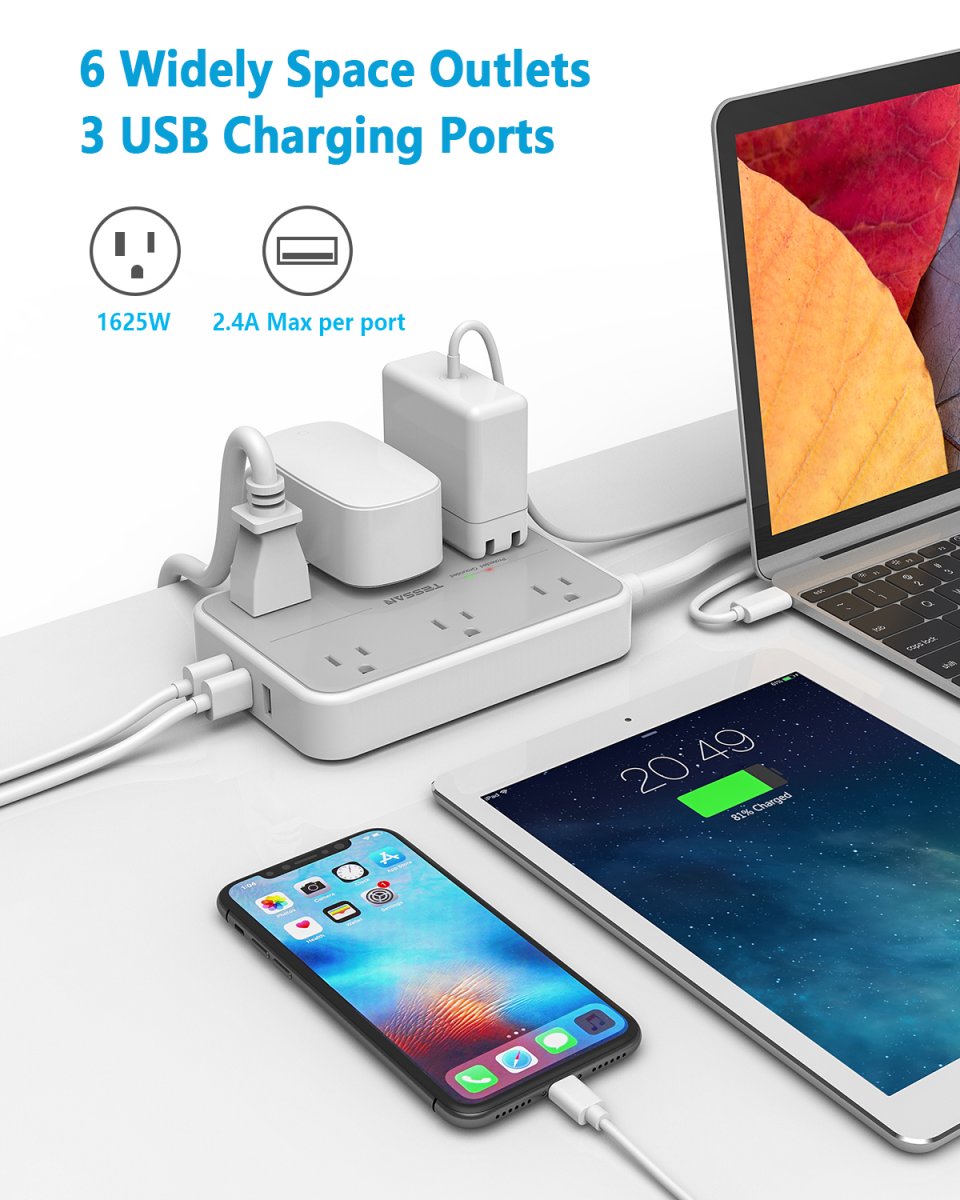 Tessan US/ Canada/ Mexico Small Extension Cord with 6 AC Outlet 1 USB C and 2 USB A, 1080J Surge Protector Power Strip