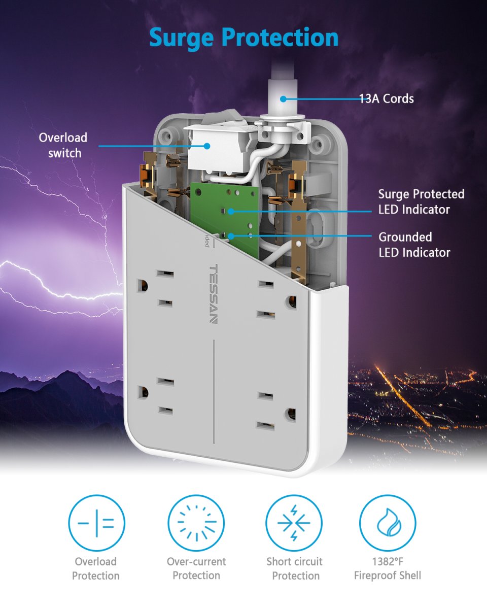 Tessan US/ Canada/ Mexico Small Extension Cord with 6 AC Outlet 1 USB C and 2 USB A, 1080J Surge Protector Power Strip