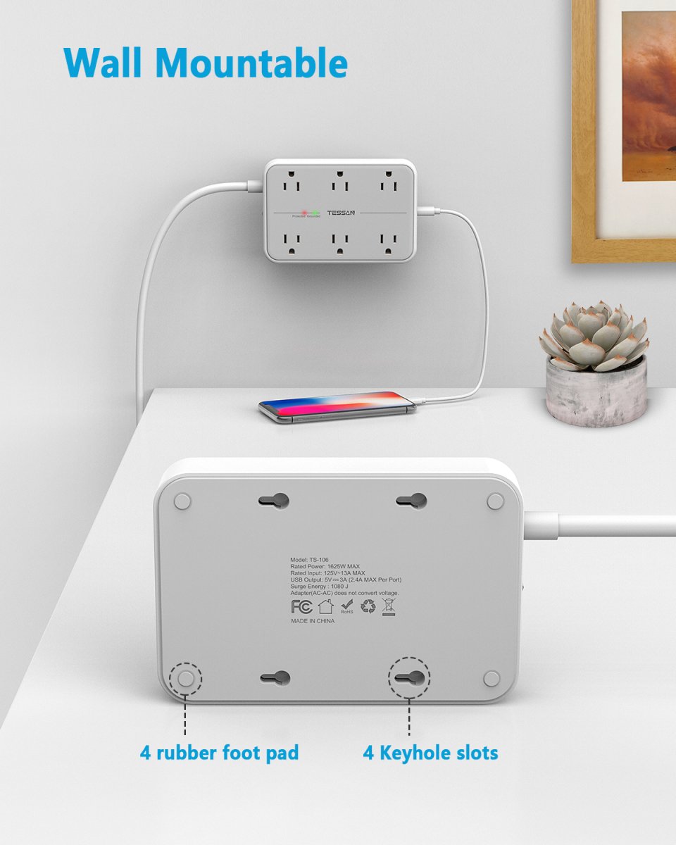 Tessan US/ Canada/ Mexico Small Extension Cord with 6 AC Outlet 1 USB C and 2 USB A, 1080J Surge Protector Power Strip