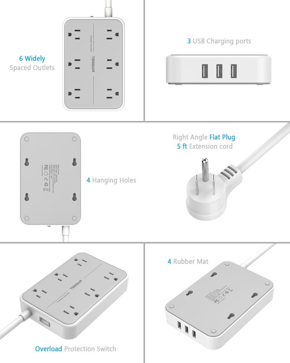 Tessan US/ Canada/ Mexico Small Extension Cord with 6 AC Outlet 1 USB C and 2 USB A, 1080J Surge Protector Power Strip