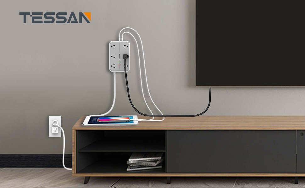 Tessan US/ Canada/ Mexico Small Extension Cord with 6 AC Outlet 1 USB C and 2 USB A, 1080J Surge Protector Power Strip