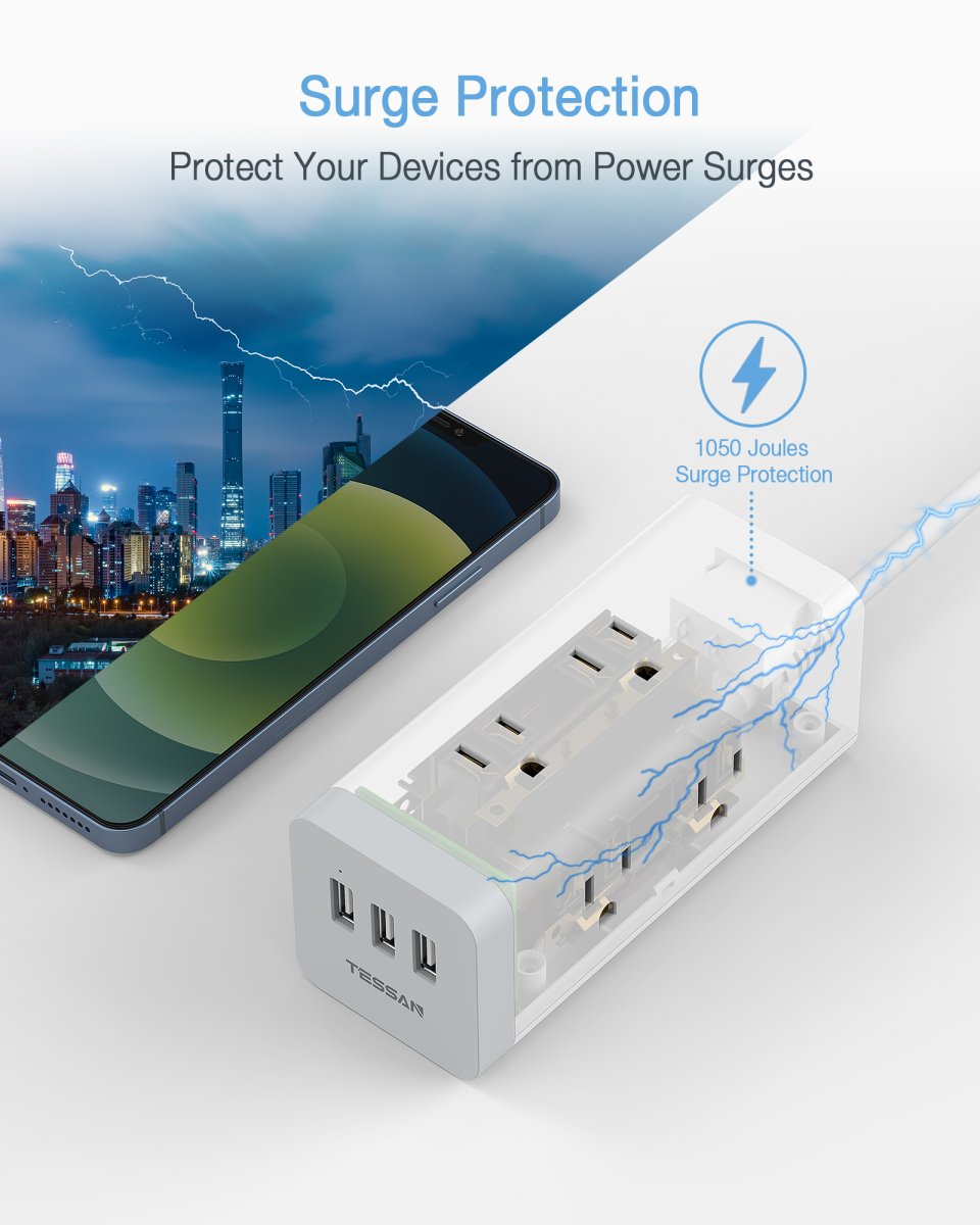 Tessan US/ Canada/ Mexico Surge Protector Extension Cord 6ft Flat Plug Power Strip with 6 Outlet and 3 USB Ports