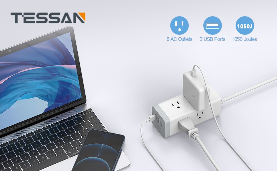 Tessan US/ Canada/ Mexico Surge Protector Extension Cord 6ft Flat Plug Power Strip with 6 Outlet and 3 USB Ports