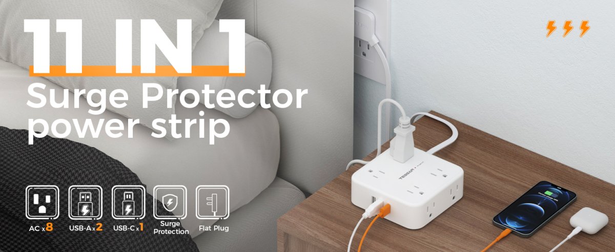 Tessan US/ Canada/ Mexico Surge Protector Power Strip 5 FT with 8 Outlets 3 USB