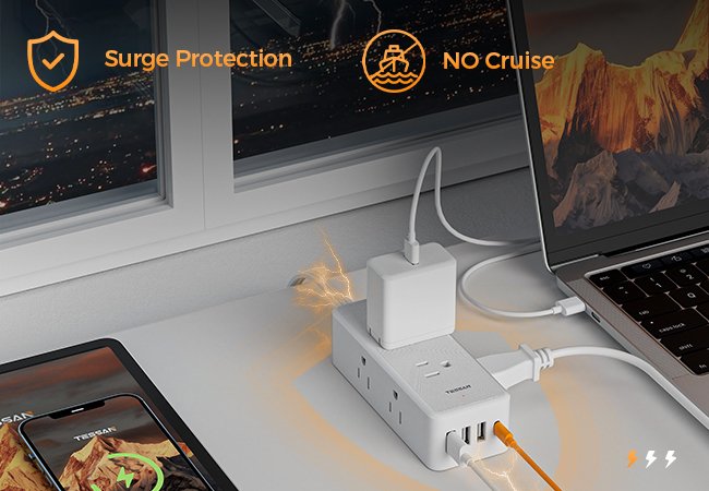 Tessan US/ Canada/ Mexico Ultra Thin Flat Plug 5 ft with 6 AC Outlets 4 USB (1 USB C) Ports