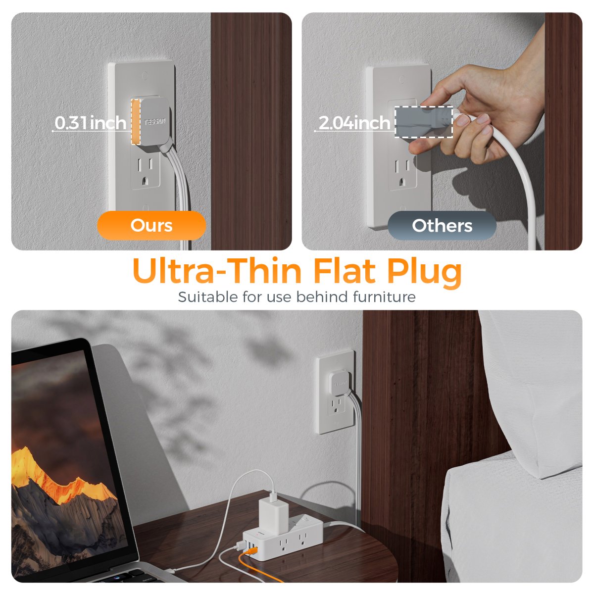 Tessan US/ Canada/ Mexico Ultra Thin Flat Plug 5 ft with 6 AC Outlets 4 USB (1 USB C) Ports