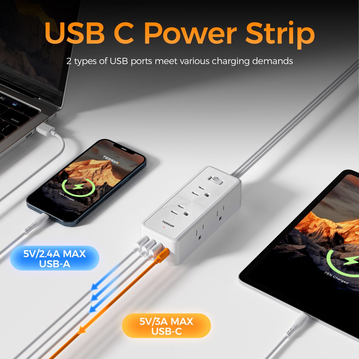 Tessan US/ Canada/ Mexico Ultra Thin Flat Plug 5 ft with 6 AC Outlets 4 USB (1 USB C) Ports