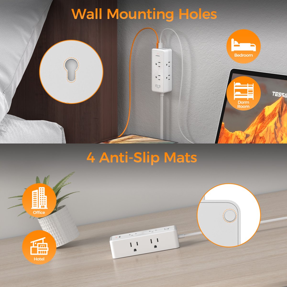 Tessan US/ Canada/ Mexico Ultra Thin Flat Plug 5 ft with 6 AC Outlets 4 USB (1 USB C) Ports