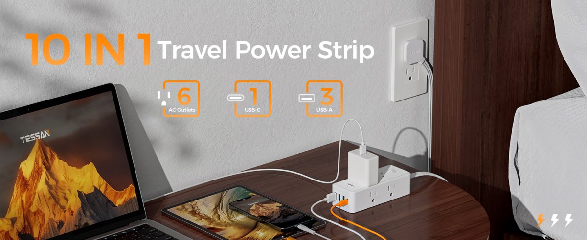 Tessan US/ Canada/ Mexico Ultra Thin Flat Plug 5 ft with 6 AC Outlets 4 USB (1 USB C) Ports