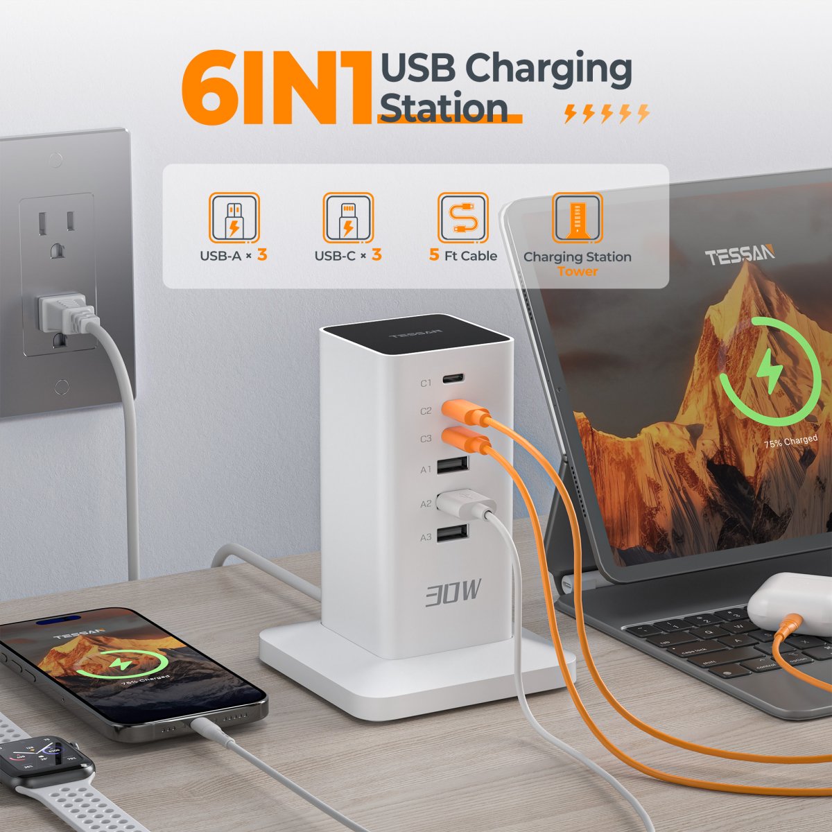 Tessan US/ Canada/ Mexico USB Charging Station 30W Tower Charger Blocks for iPhone 14/15, Tablet, Earphone