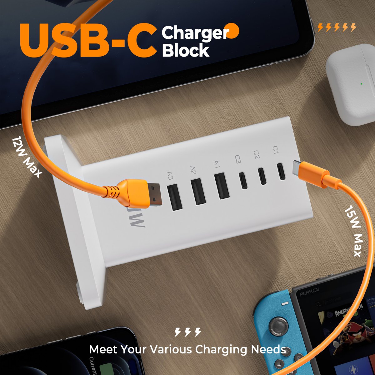 Tessan US/ Canada/ Mexico USB Charging Station 30W Tower Charger Blocks for iPhone 14/15, Tablet, Earphone