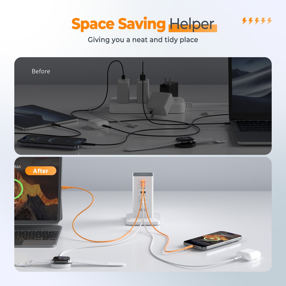 Tessan US/ Canada/ Mexico USB Charging Station 30W Tower Charger Blocks for iPhone 14/15, Tablet, Earphone