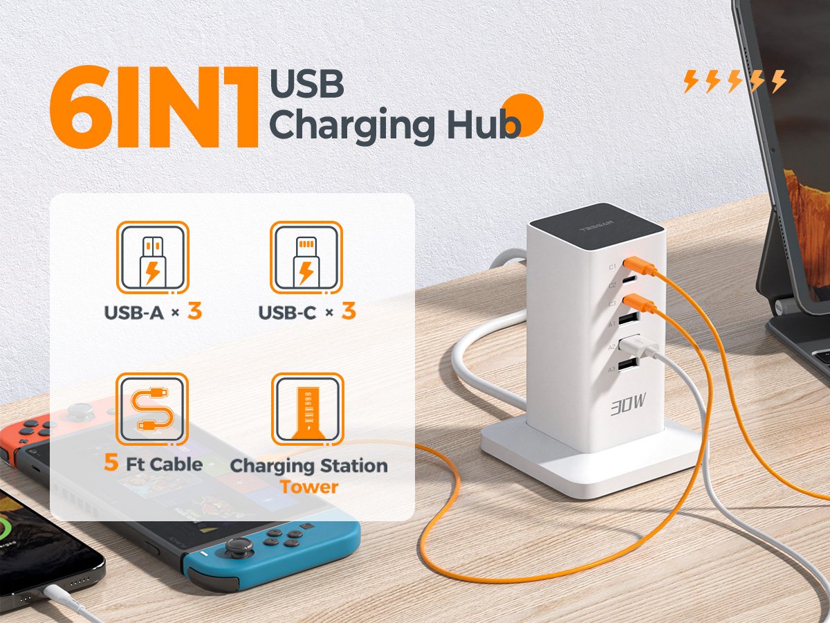 Tessan US/ Canada/ Mexico USB Charging Station 30W Tower Charger Blocks for iPhone 14/15, Tablet, Earphone
