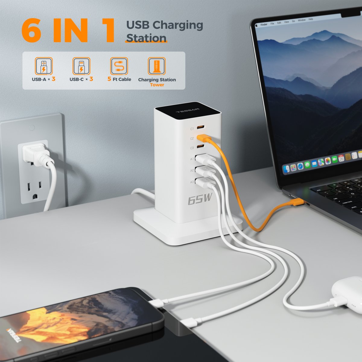 Tessan US/ Canada/ Mexico USB Charging Station 65W Charging Hub with 6 Ports