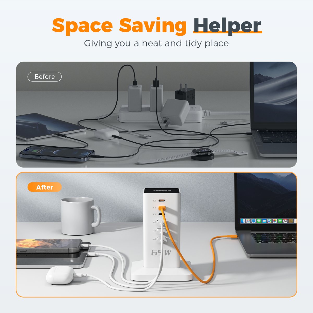 Tessan US/ Canada/ Mexico USB Charging Station 65W Charging Hub with 6 Ports