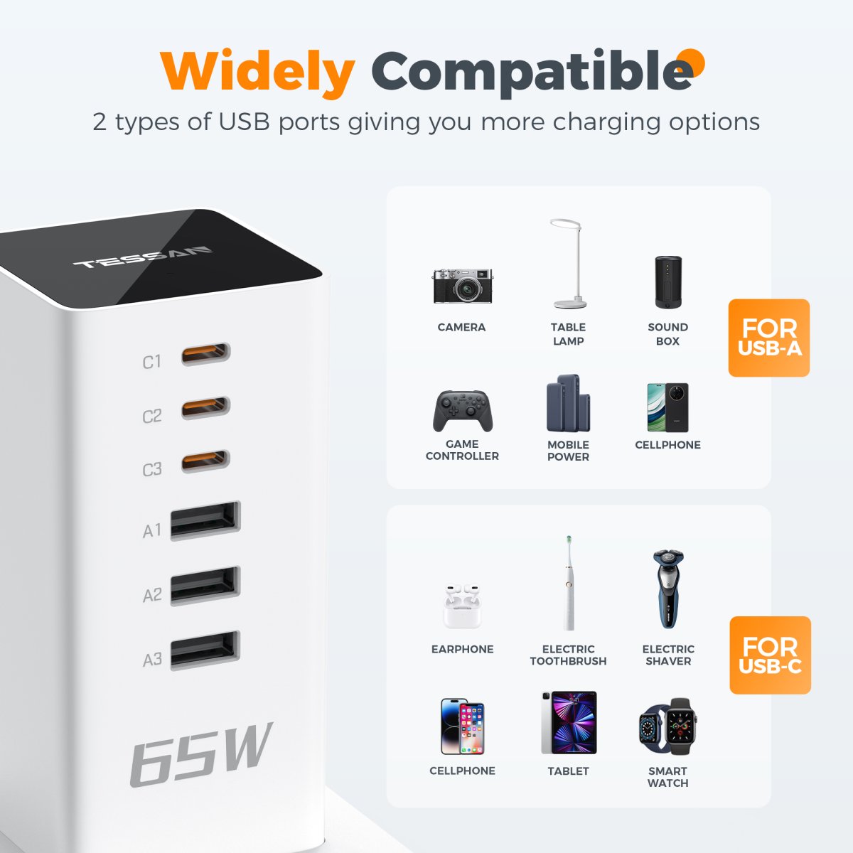 Tessan US/ Canada/ Mexico USB Charging Station 65W Charging Hub with 6 Ports