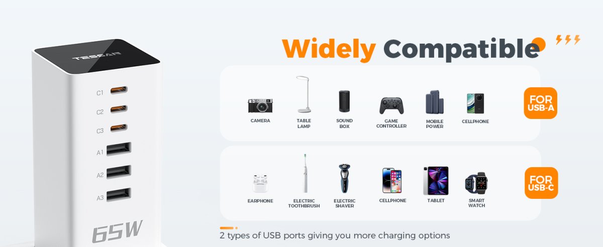 Tessan US/ Canada/ Mexico USB Charging Station 65W Charging Hub with 6 Ports